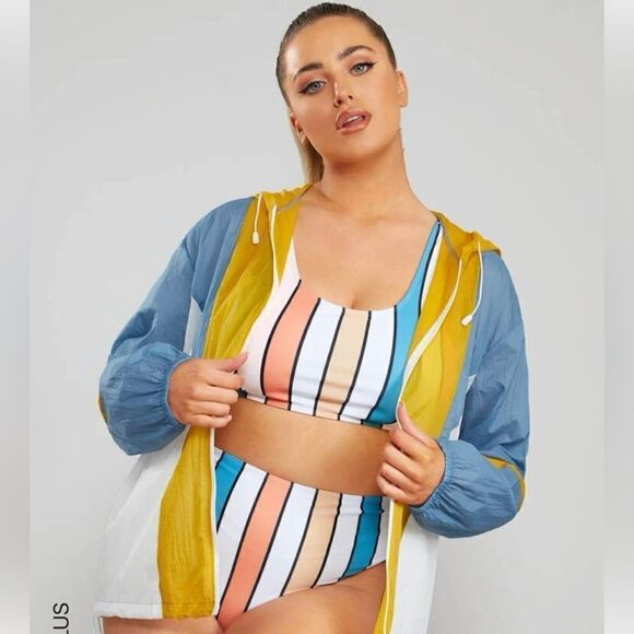 SHEIN plus Plus Colorblock Zip Up Hooded Sports Jacket - Picture 4 of 12